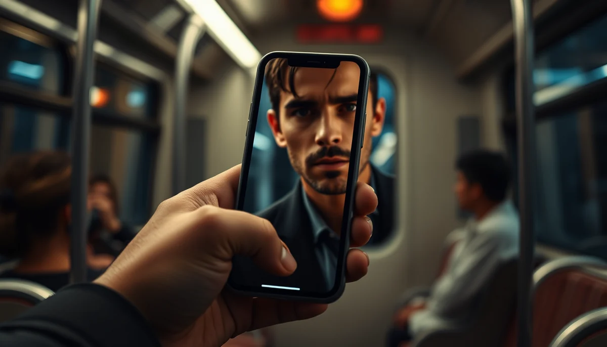 A commuter on a train holds a phone upright showing a dramatic close-up of an actor in vertical format