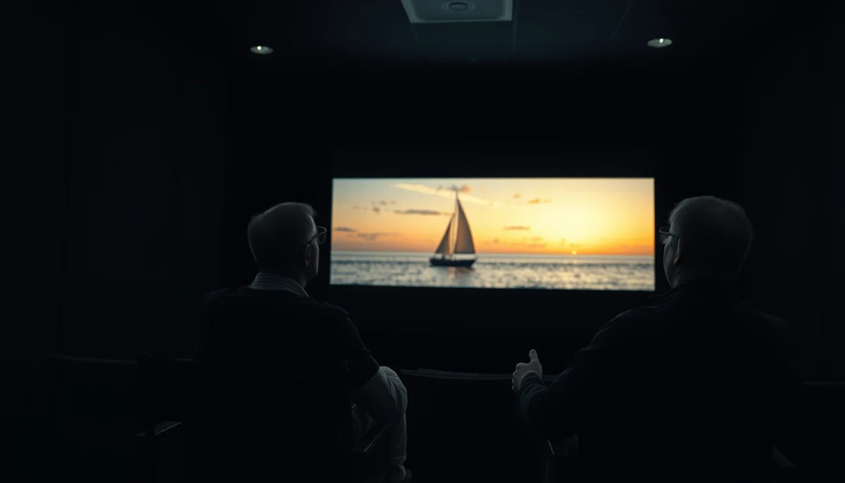A director and a producer watch a sailboat at sunset on a screening-room screen, one giving a thumbs up