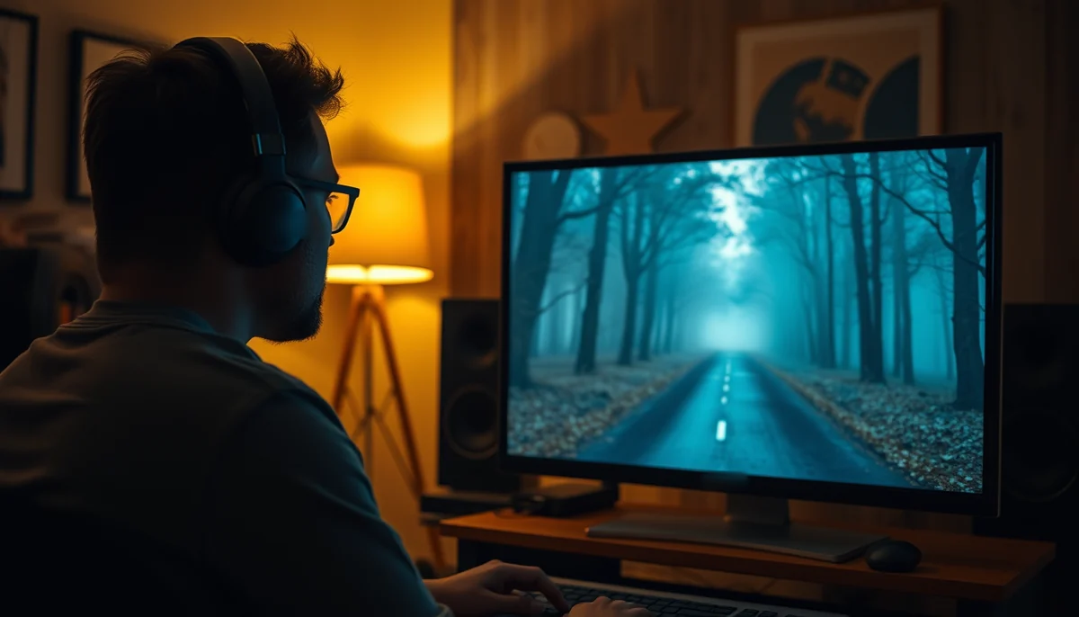 An editor wearing headphones reviews a foggy forest road shot on a monitor in a warm home studio