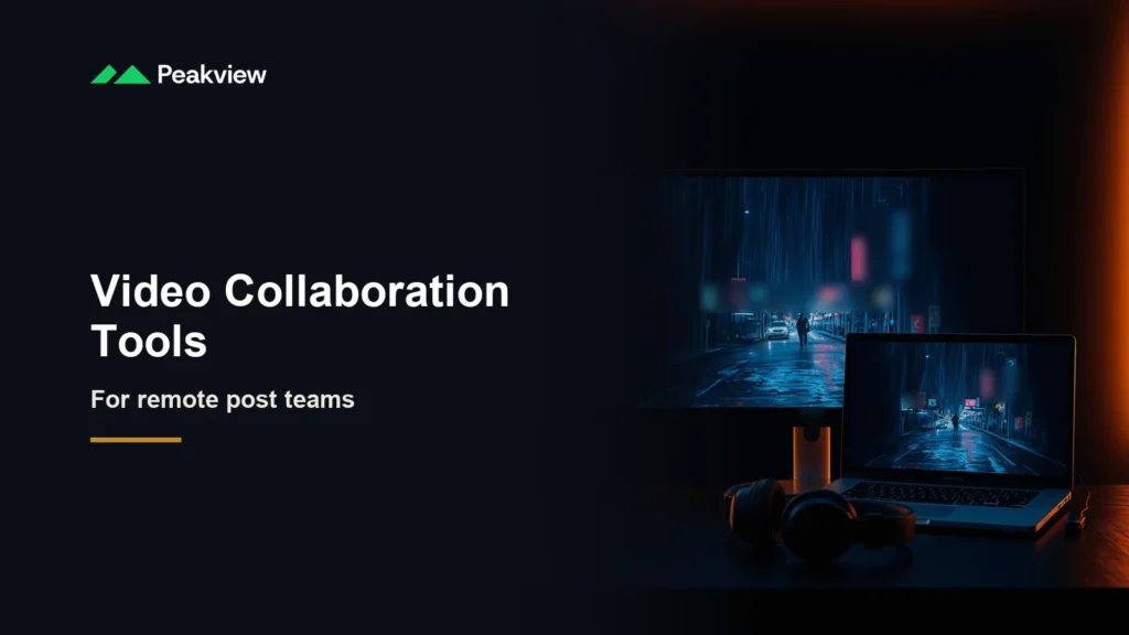 PeakView logo and the headline Video Collaboration Tools, for remote post teams, beside a monitor and laptop showing a rainy night street with headphones on the desk