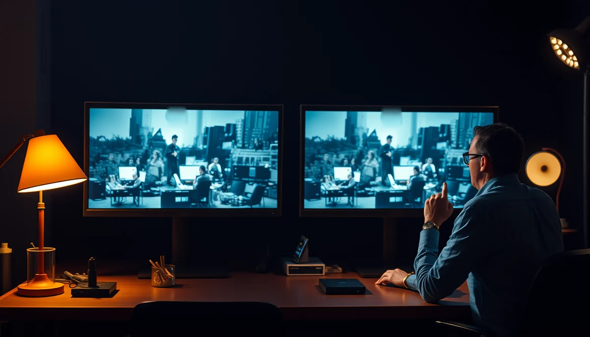 An editor points at the same city scene playing on two side-by-side monitors under a warm desk lamp