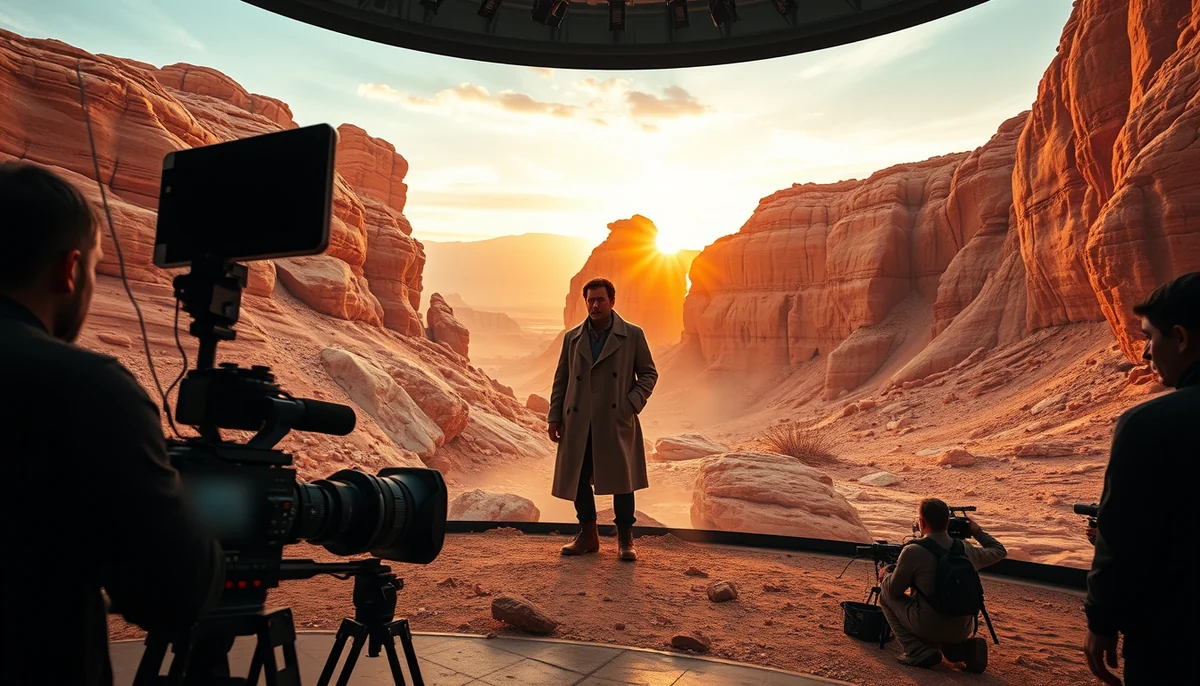 A film crew shoots an actor in a long coat in front of a curved LED wall showing a desert canyon at sunset