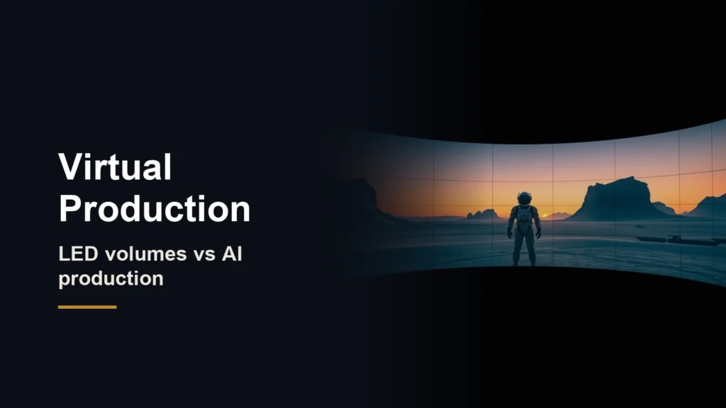 Headline Virtual Production, LED volumes vs AI production, beside a curved LED wall showing an alien desert with an astronaut in front