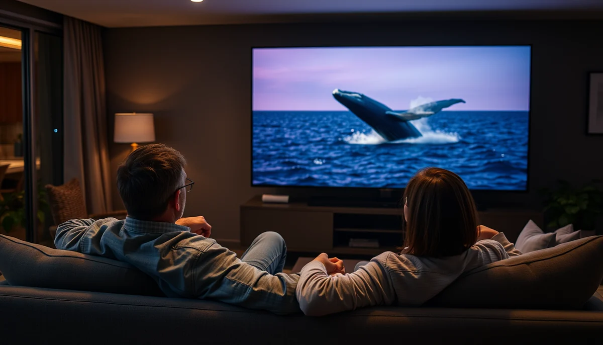 A couple on a sofa watching a whale breaching on a large television at night