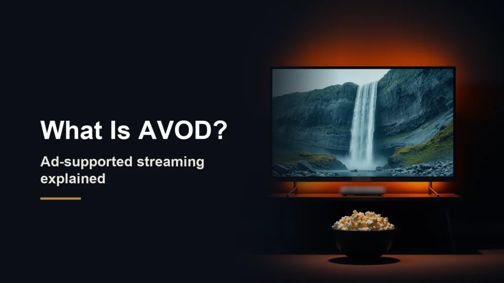 Headline What Is AVOD? Ad-supported streaming explained, beside a television showing a waterfall and a bowl of popcorn