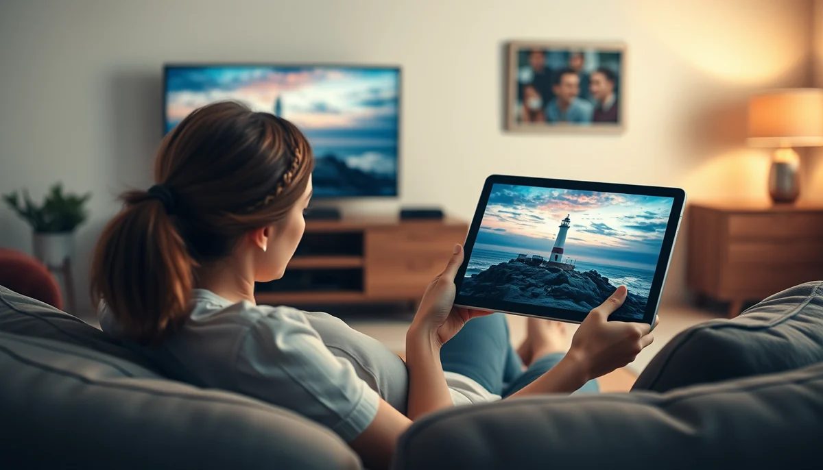 A woman on a sofa watches a lighthouse scene on a tablet while the same scene plays on the TV behind her