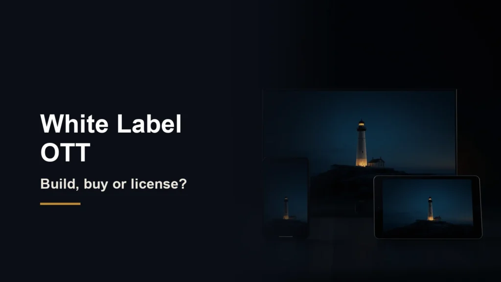 Headline White Label OTT, build, buy or license, beside a phone, tablet and TV showing the same lighthouse at dusk